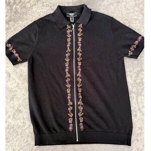 Men’s Sweater Knit Polo Shirt Full Zip Embroidered Black Size M Forever 21